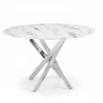 Table à Manger Ronde Jessica Verre Marbré Blanc Pieds Chrome Ø100 cm