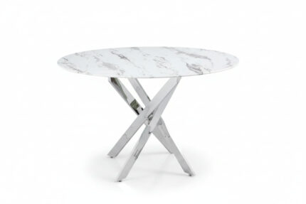 Table à Manger Ronde Jessica Verre Marbré Blanc Pieds Chrome Ø100 cm