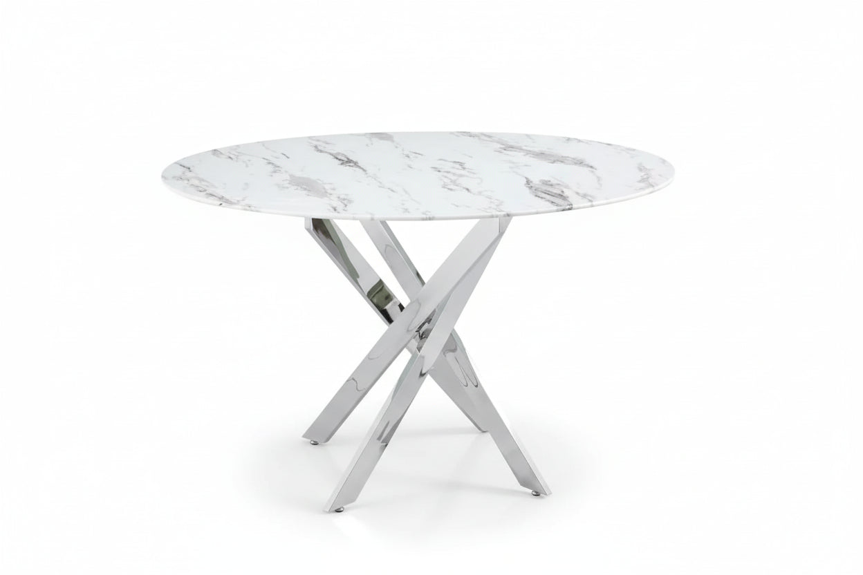 0 4483.jpg Table à Manger Ronde Jessica Verre Marbré Blanc Pieds Chrome Ø100 cm