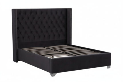 Lit Double Princesse Velours Noir Tête Capitonnée 180x200 cm