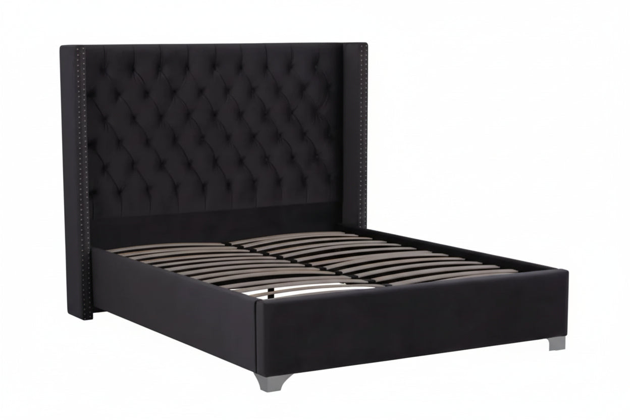 0 4485.jpg Lit Double Princesse Velours Noir Tête Capitonnée 180x200 cm