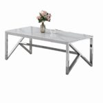 Table Basse Majestique Verre Trempé Marbré Blanc Pieds Chrome 120x60x45 cm