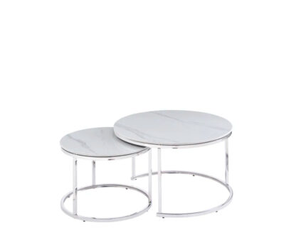 Lot de 2 Tables Basses Gigognes Arto Inox Verre Marbre Blanc