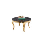 Table Basse Ronde Baroque Verre Noir Pieds Dorés D80 cm