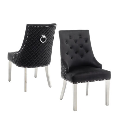 Lot de 2 chaises ANNEAU matelassée et cloutée Chrome velours - Noir