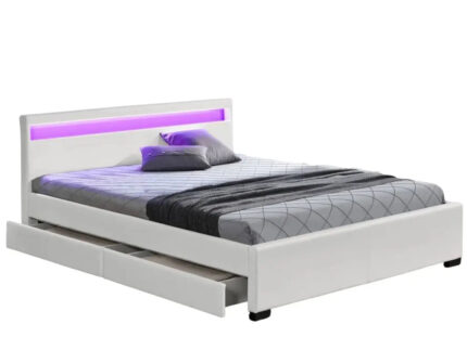Lit Adulte Lumina Bois Blanc avec Tiroirs LED 140x190 cm