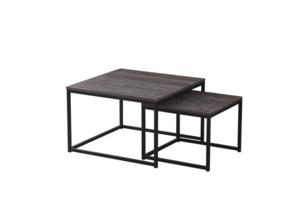Lot de 2 Tables Basses Gigognes Belgrade Métal Noir Bois Gris 70x70x46 cm et 50x50x40 cm