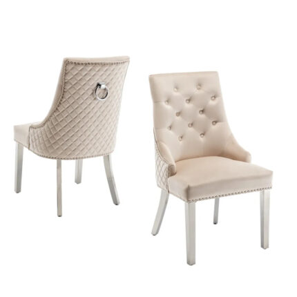 Lot de 2 chaises ANNEAU matelassée et cloutée Chrome velours - Beige