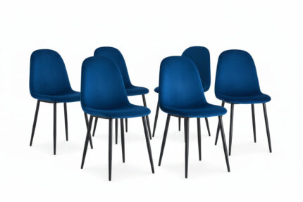 Lot de 6 chaises scandinaves velours bleu pieds métal noir 44x50x87 cm
