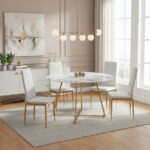 Table à Manger Ronde HELOISE Pied Gold Plateau Verre Marbré Blanc 120x120x75 cm