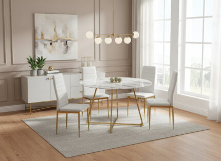Table à Manger Ronde HELOISE Pied Gold Plateau Verre Marbré Blanc 120x120x75 cm