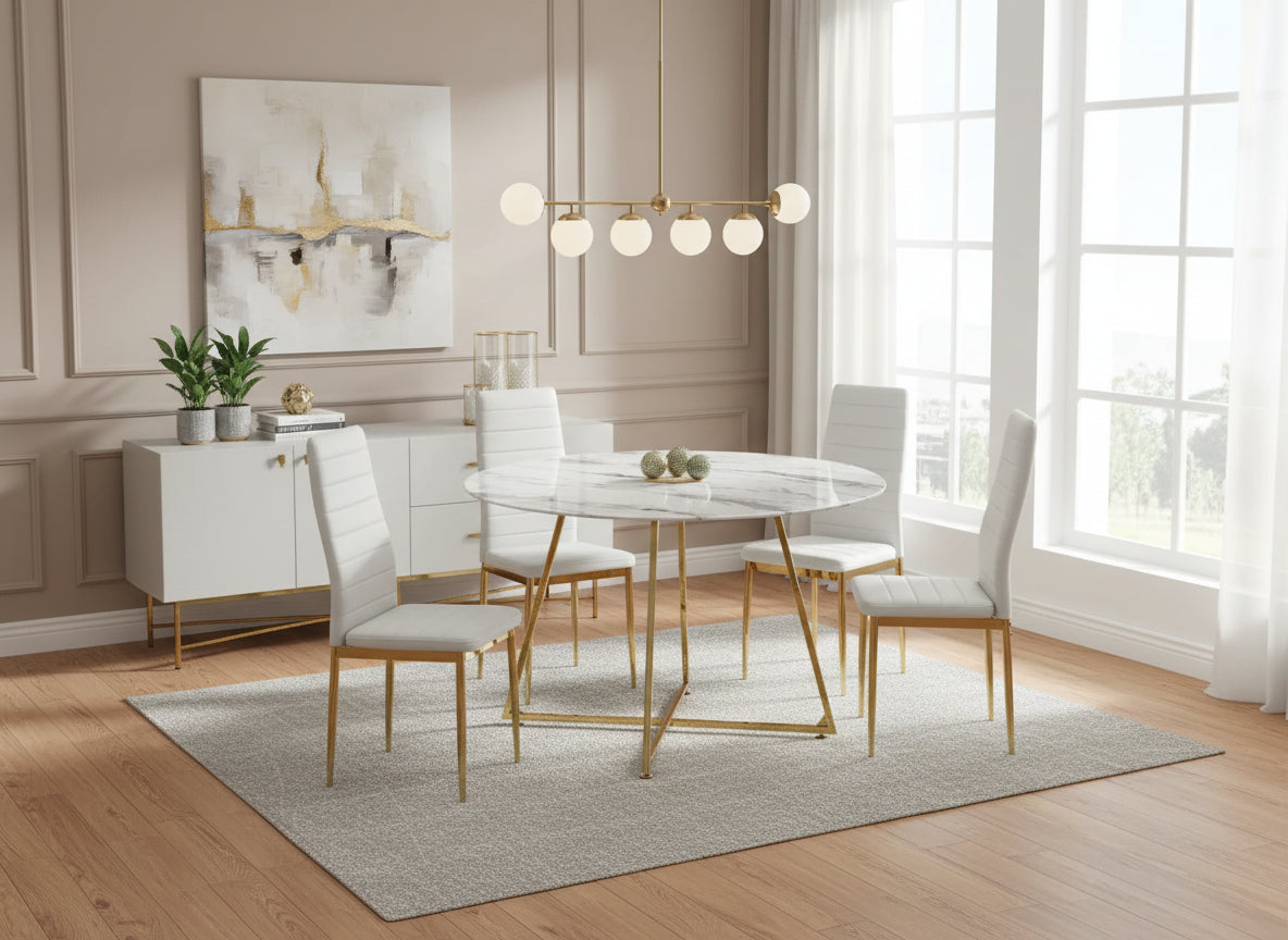 0 4552.jpg Table à Manger Ronde HELOISE Pied Gold Plateau Verre Marbré Blanc 120x120x75 cm