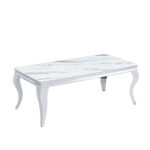 Table Basse Baroque Verre Trempé Marbré Blanc Pieds Chrome 120x60x45 cm