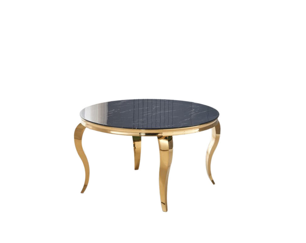 Table à Manger Ronde Baroque Plateau Marbré Noir Structure Dorée 130x75 cm