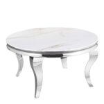 Table Basse Baroque Ronde Verre Trempé Marbré Blanc Structure Chrome D80x45 cm