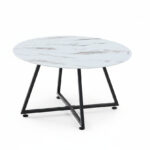 Table Basse Ronde Heloise Céramique Effet Marbre Blanc Métal Noir D80xH45 cm