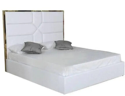 Lit 2 Places Goldmark Similicuir Blanc 140x190 cm Cadre Doré Sommier Inclus