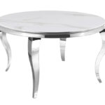 Table à Manger Ronde Baroque Marbre Blanc Pieds Chrome 130x75 cm