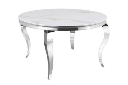 Table à Manger Ronde Baroque Marbre Blanc Pieds Chrome 130x75 cm