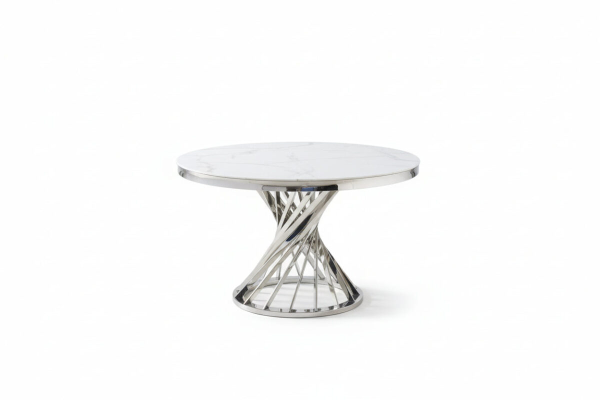 Table à Manger Ronde Nautilus Verre Trempé Marbre Blanc Chrome