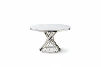 Table à Manger Ronde Nautilus Verre Trempé Marbre Blanc Chrome