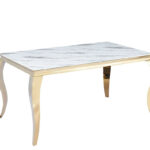 Table à Manger Baroque Verre Effet Marbré Blanc Pieds Dorés 180x90 cm