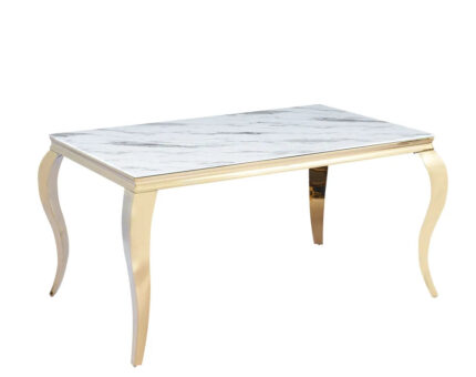 Table à Manger Baroque Verre Effet Marbré Blanc Pieds Dorés 180x90 cm