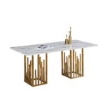 Table à Manger Stalax Pierre Marbre Blanc Pieds Dorés 180x90x75 cm