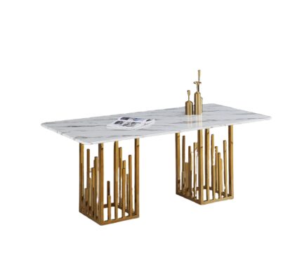 Table à Manger Stalax Pierre Marbre Blanc Pieds Dorés 180x90x75 cm