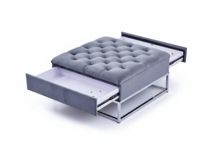 Pouf Coffre TIROIRS Carré Plateau Velours Capitonné Gris 80x80x43cm 2 Tiroirs