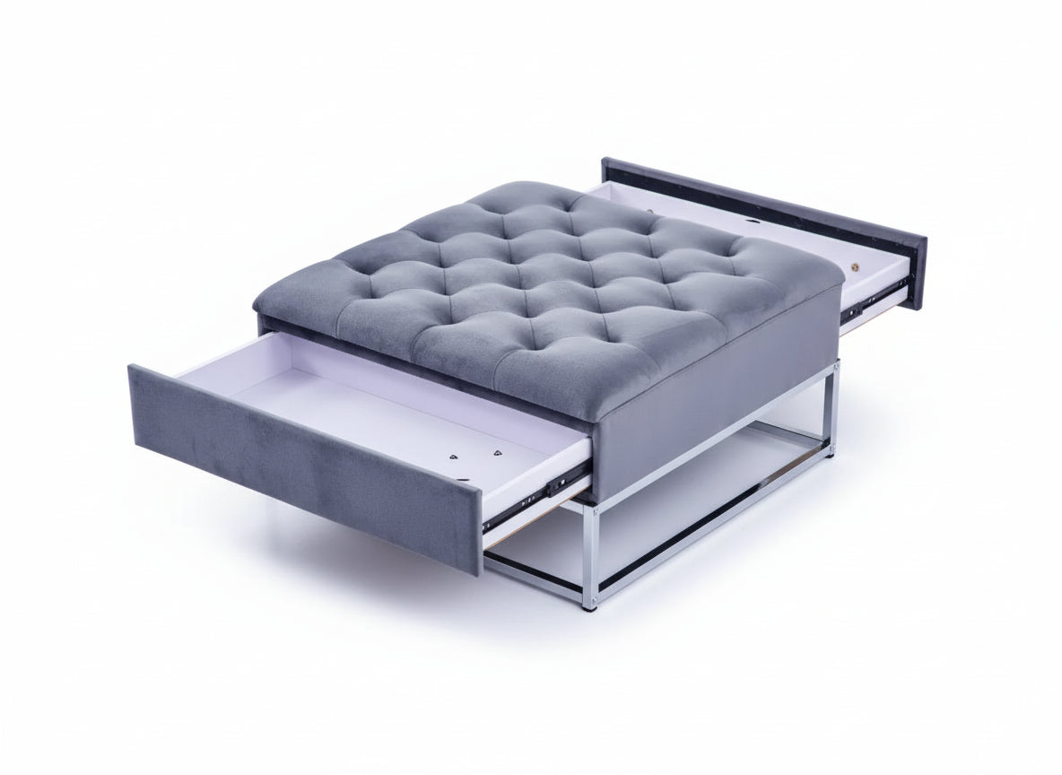0 4616.jpg Pouf Coffre TIROIRS Carré Plateau Velours Capitonné Gris 80x80x43cm 2 Tiroirs