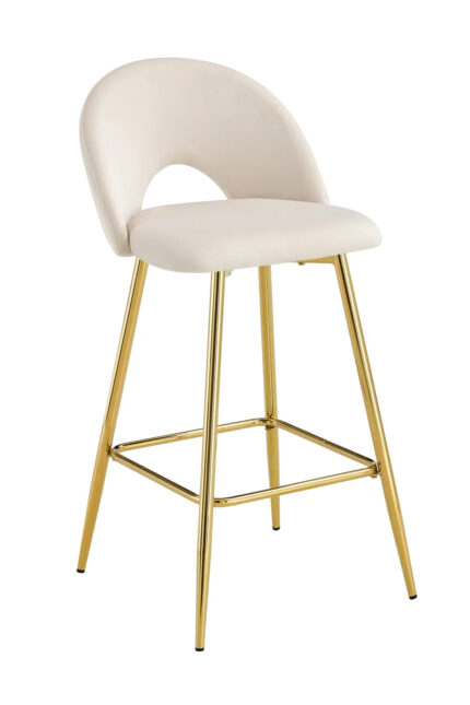 Lot 2 Tabourets de Bar Teddy Velours Beige Pieds Gold 47x36x98cm