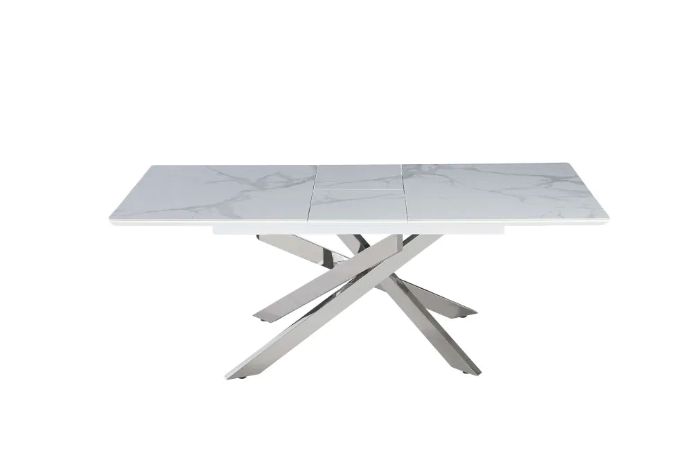 Table à Manger Extensible Agathe Céramique Effet Marbré Blanc Chrome 160/200 cm