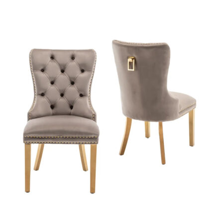Lot de 2 Chaises Salle à Manger Velours Moka Cloutées Pieds Dorés 54x51x102cm