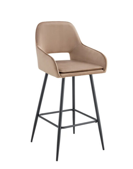 Lot 2 Tabourets de Bar Athena Velours Taupe Pieds Métal Noir 47x41x104cm