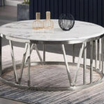 Table Basse Ronde Atmos Verre Trempé Marbré Blanc Pieds Chrome D100x45 cm