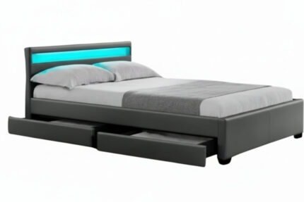 Lit Adulte LED Gris avec Tiroirs 140x190 cm