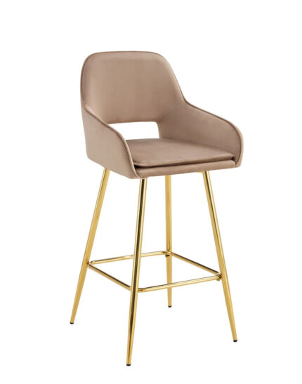 Lot 2 Tabourets de Bar Athena Velours Taupe Pieds Gold 47x41x104cm
