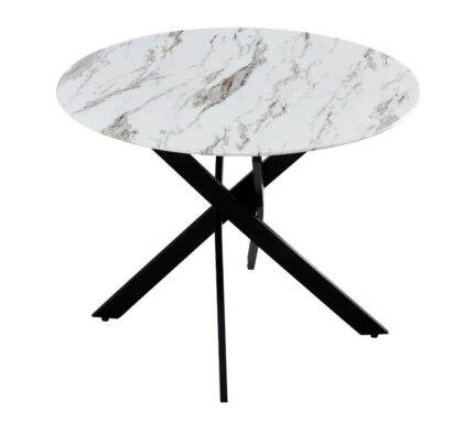 Table à Manger Ronde Jessica Marbre Blanc Pieds Métal Noir 100 cm
