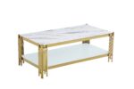 Table Basse Flute Verre Trempé Marbré Blanc Structure Dorée 120x60x45 cm
