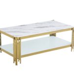 Table Basse Flute Verre Trempé Marbré Blanc Structure Dorée 120x60x45 cm