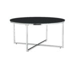 Table Basse Ronde LORIE Verre Trempé Marbré Noir Métal Chrome D90x45 cm