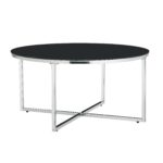 Table Basse Ronde LORIE Verre Trempé Marbré Noir Métal Chrome D90x45 cm