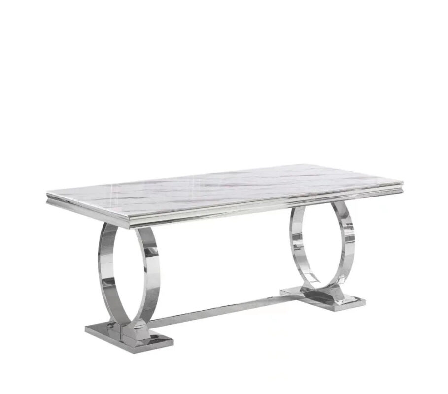 Table à Manger Rectangulaire Omega Verre Marbré Blanc Chrome 180x90x75 cm