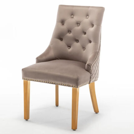 Lot de 2 Chaises Anneau Velours Moka Cloutées Pieds Dorés