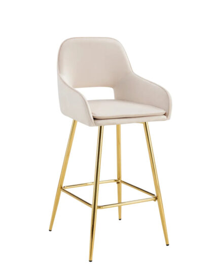 Lot 2 Tabourets de Bar Athena Velours Beige Pieds Gold 47x41x104cm