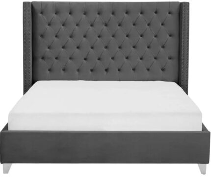 Lit Double Princesse Velours Gris Tête Capitonnée 180x200 cm