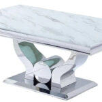 Table Basse Trofy Verre Effet Marbré Blanc Pieds Chrome 120x70 cm