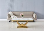 Table Basse Trofy Rectangle Verre Trempé Marbré Blanc Pied Central Métal Doré 120x70x45 cm