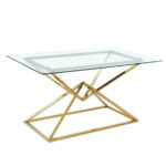 Table à Manger Rectangulaire Pyramide Verre Transparent Pieds Dorés 150x90 cm